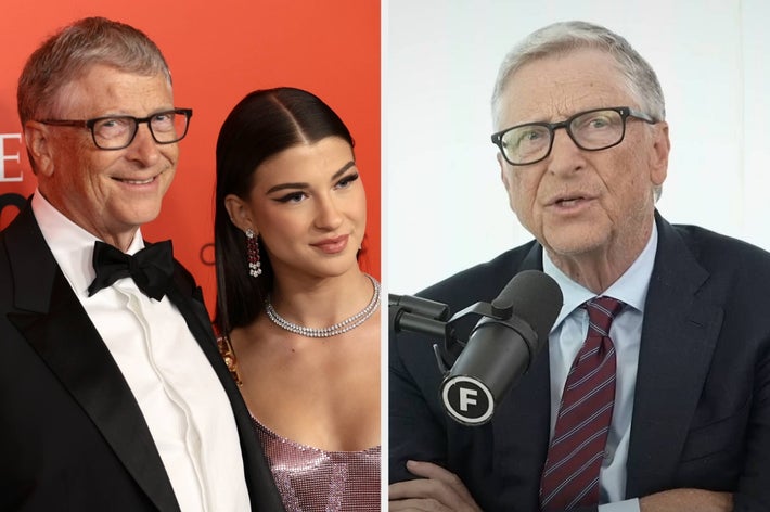 Two photos side by side: Left, a man in a tuxedo with a young woman on a red carpet; right, the same man in a suit speaking into a microphone