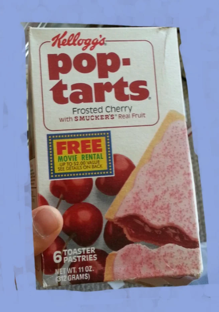 Box of Kellogg's Frosted Cherry Pop-Tarts with a free movie rental offer. Contains six toaster pastries