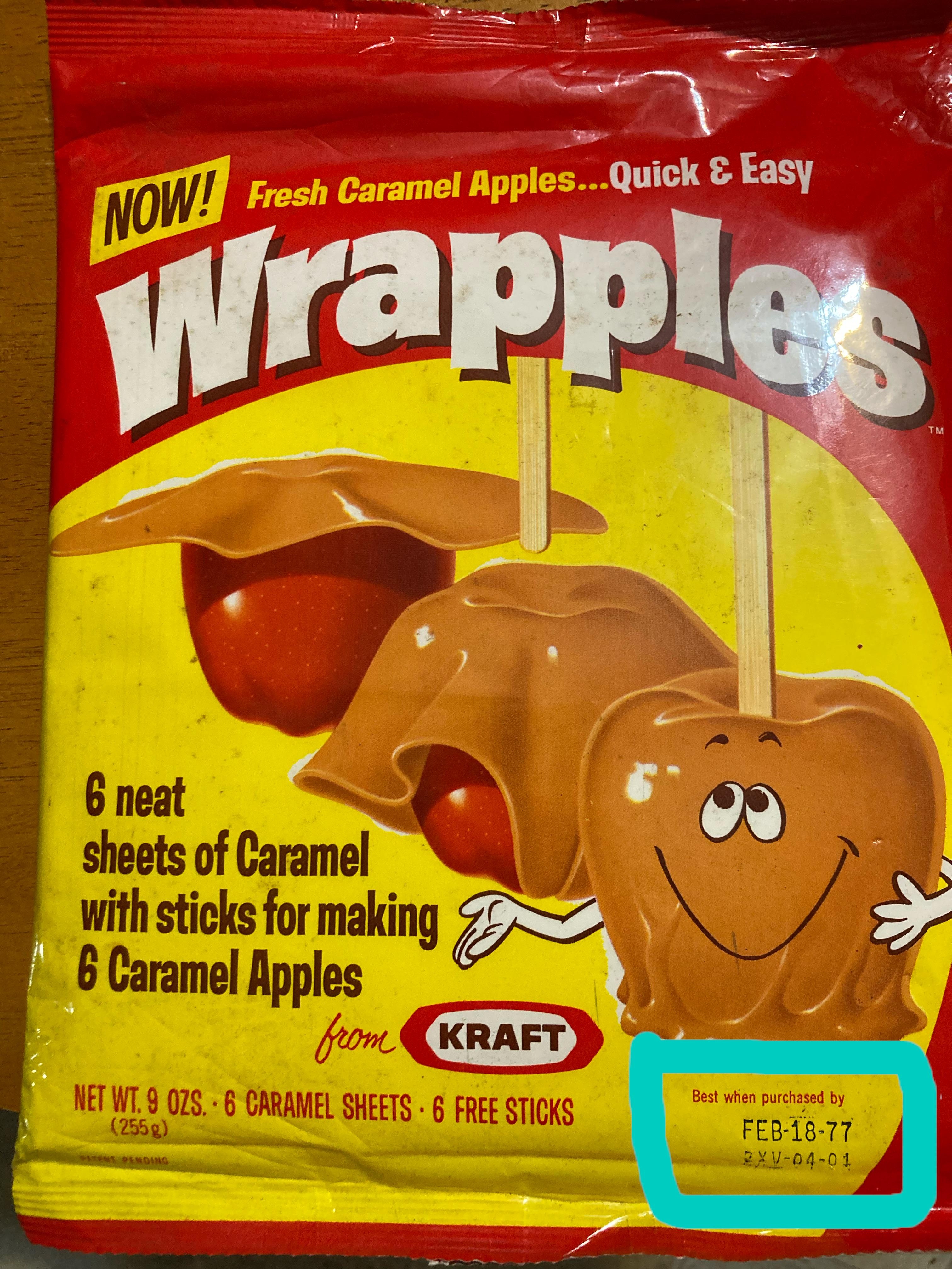 Packaging for Kraft Wrapples, caramel sheets for making caramel apples, best by February 18, 1977