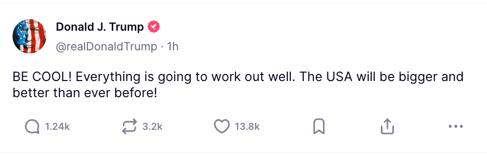 Tweet by Donald J. Trump: "BE COOL! Everything is going to work out well. The USA will be bigger and better than ever before!"