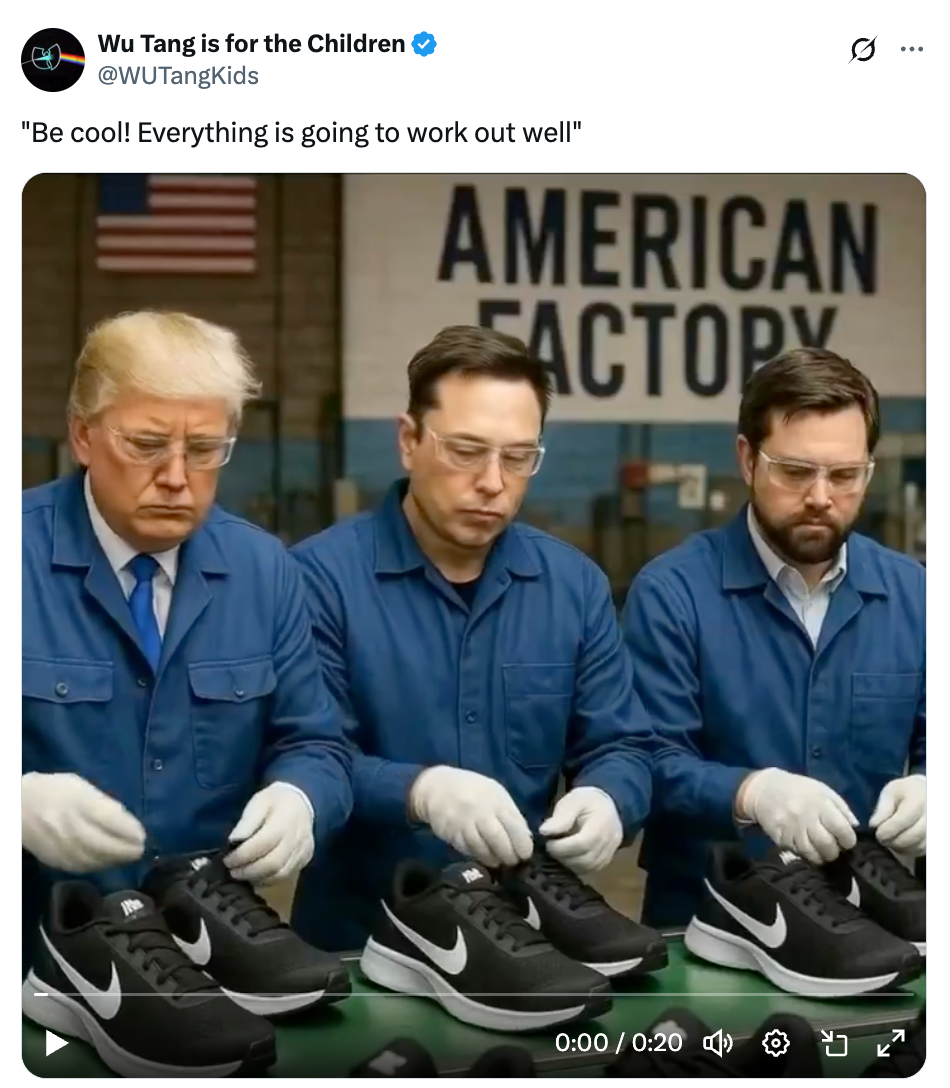 Three men in blue work shirts inspect black Nike sneakers in a factory setting. A large "American Factory" sign is visible in the background