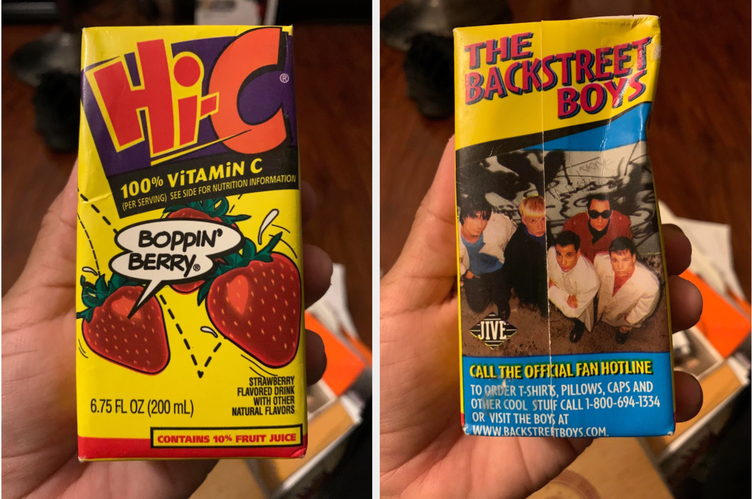 Hi-C juice box with Boppin' Berry flavor branding on front and 1990s Backstreet Boys promotional image on back with fan hotline and merchandise info
