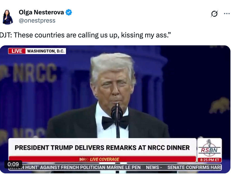 Donald Trump speaking at a podium during an NRCC dinner in Washington, D.C. Text on screen shows, "These countries are calling us up, kissing my ass."
