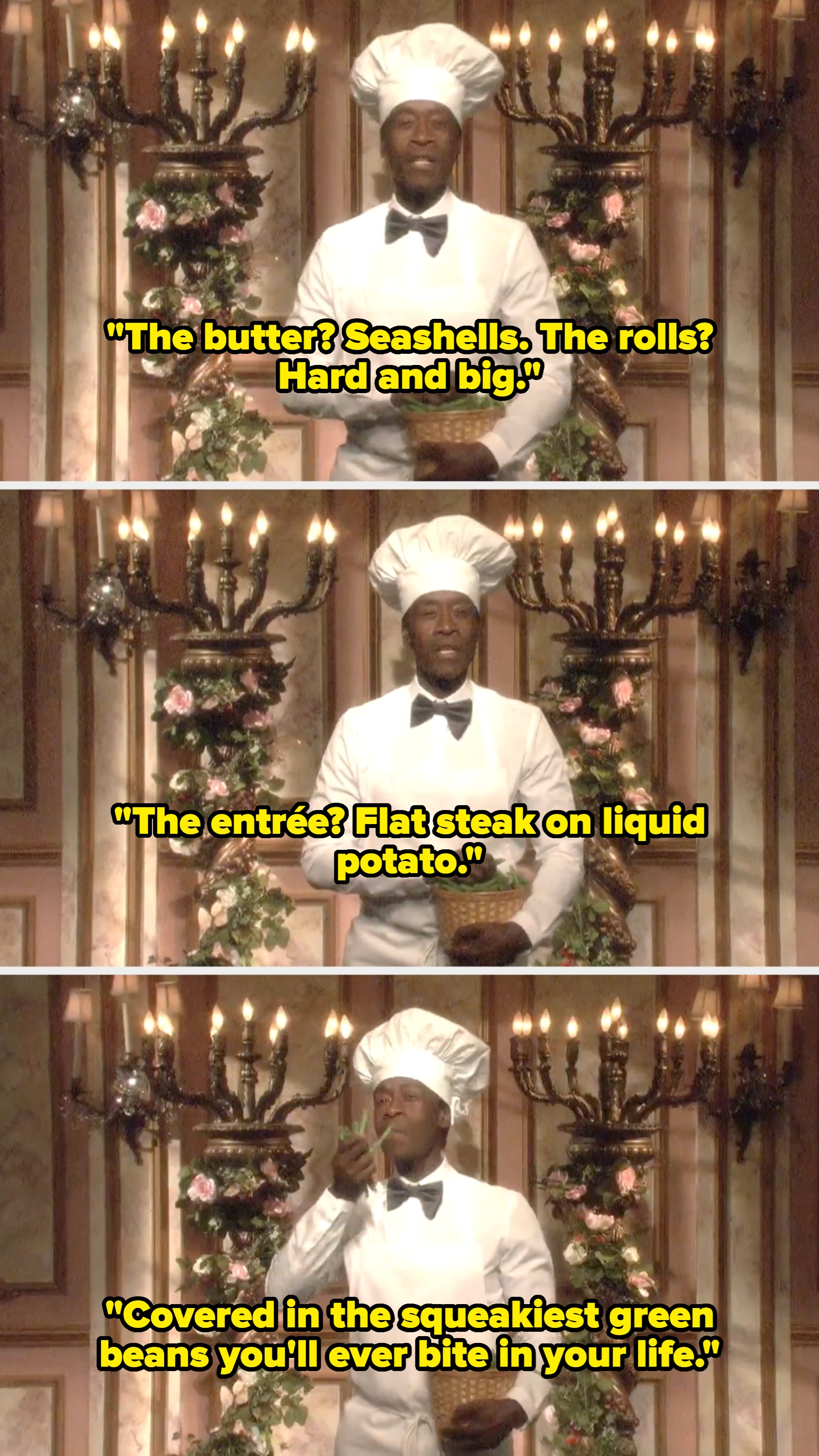 Chef in wedding-themed attire wearing a chef's hat and tuxedo, holding a basket of herbs, stands in front of an elegant floral backdrop
