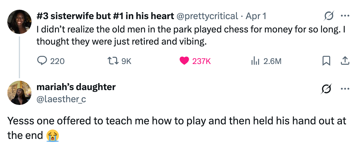 Tweet exchange: User observes elderly men playing chess for money in a park. Another user shares that one offered to teach them and expected a tip