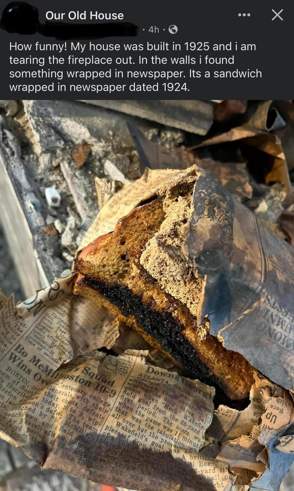 Close-up of an old sandwich wrapped in newspaper from 1924, found inside a wall during a renovation