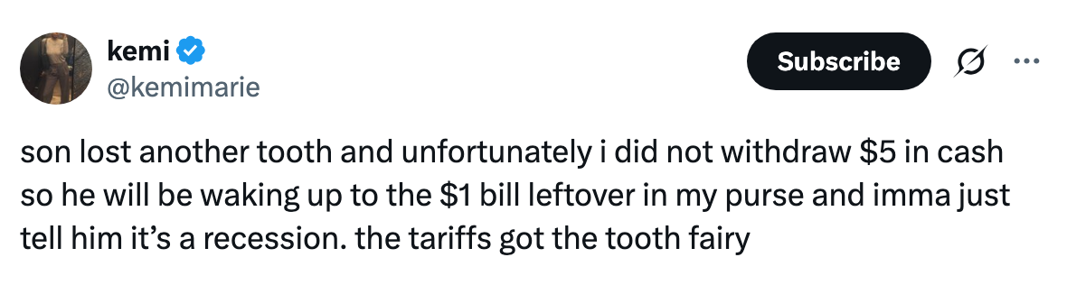 Tweet about a humorous situation where a parent explains giving only $1 for a lost tooth due to a "recession" and tariffs affecting the tooth fairy