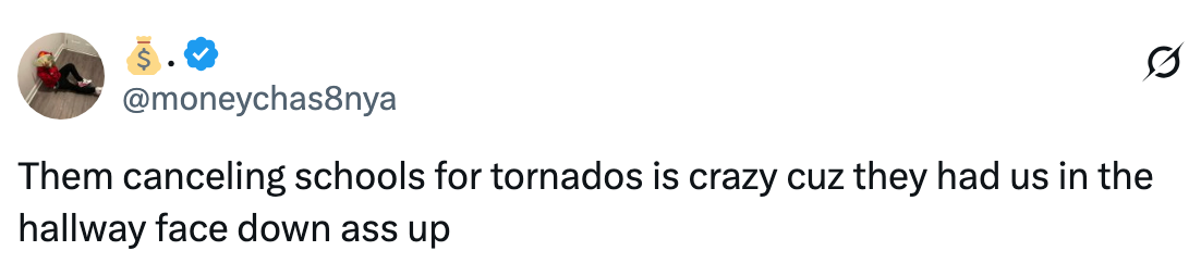 Tweet about school tornado drills, mentioning students in hallways during alerts