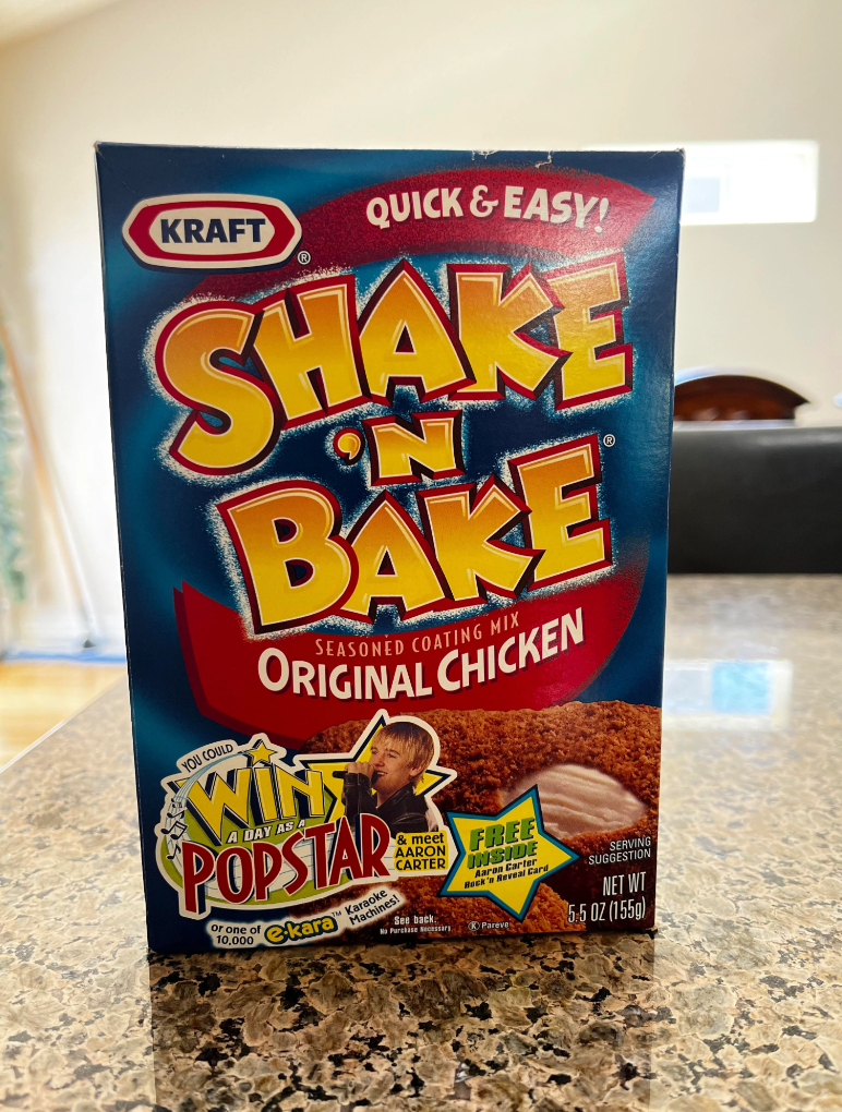 Shake 'N Bake Original Chicken seasoned coating mix box on a kitchen countertop
