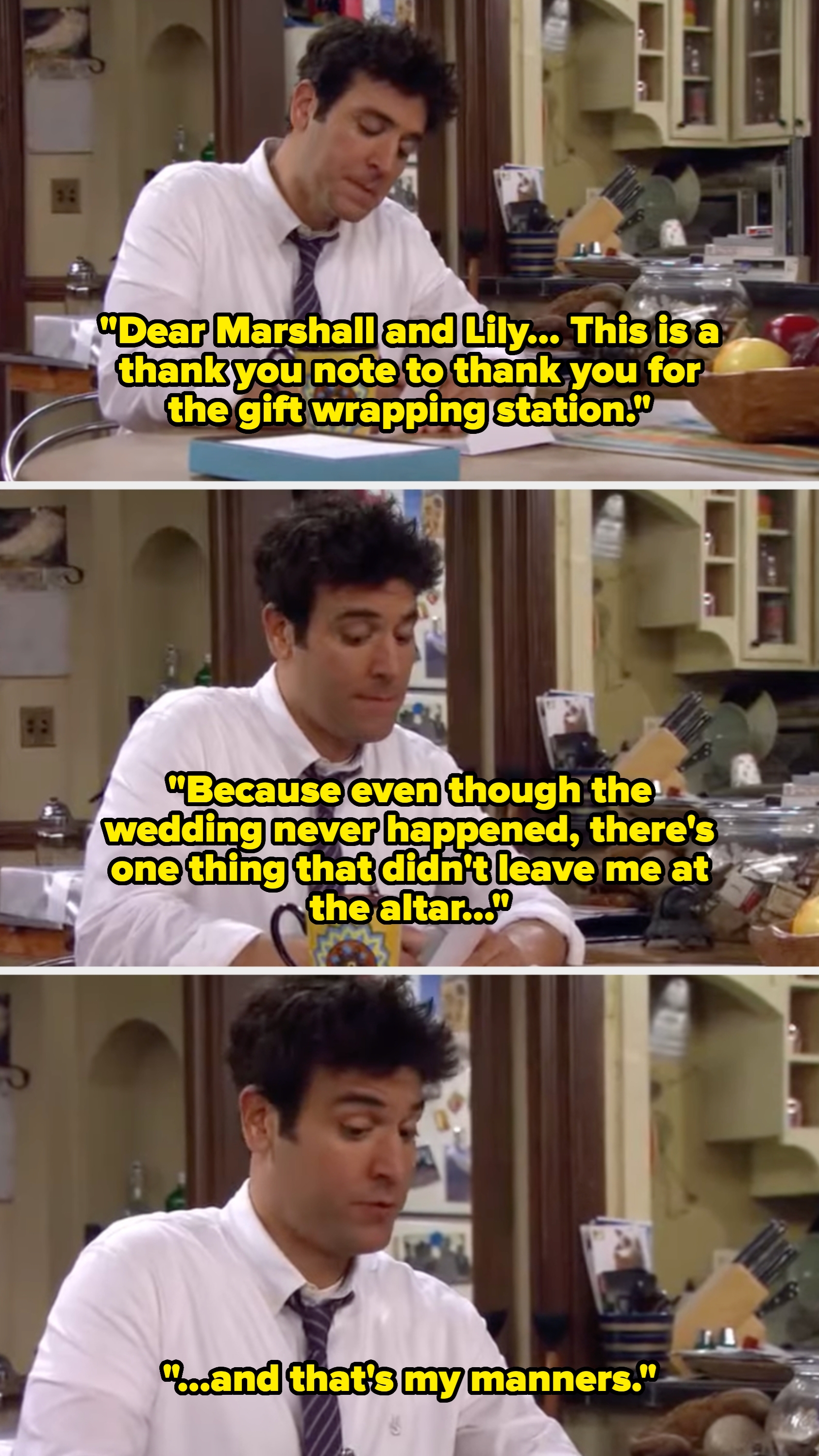 A person in a kitchen is reading and reacting to a paper while holding a mug. They are casually dressed in a shirt and tie