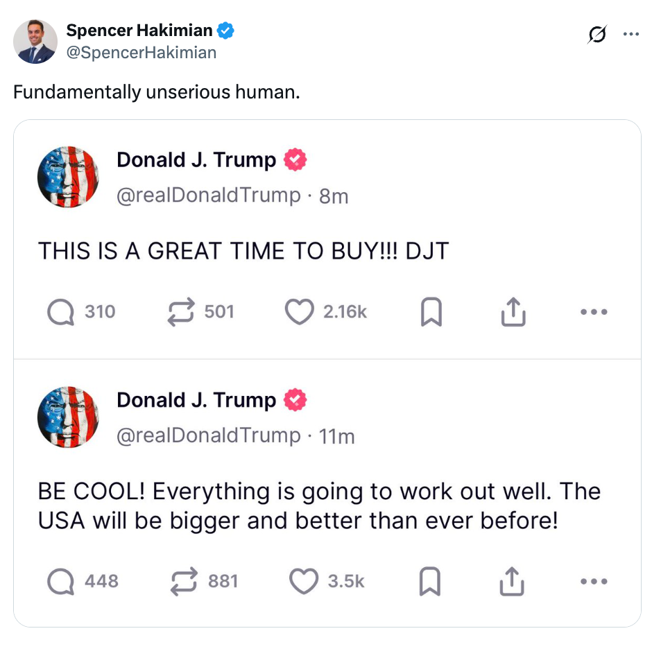Screenshot of tweets by Donald J. Trump about buying time and USA optimism, shared with a comment labeling him as "fundamentally unserious."