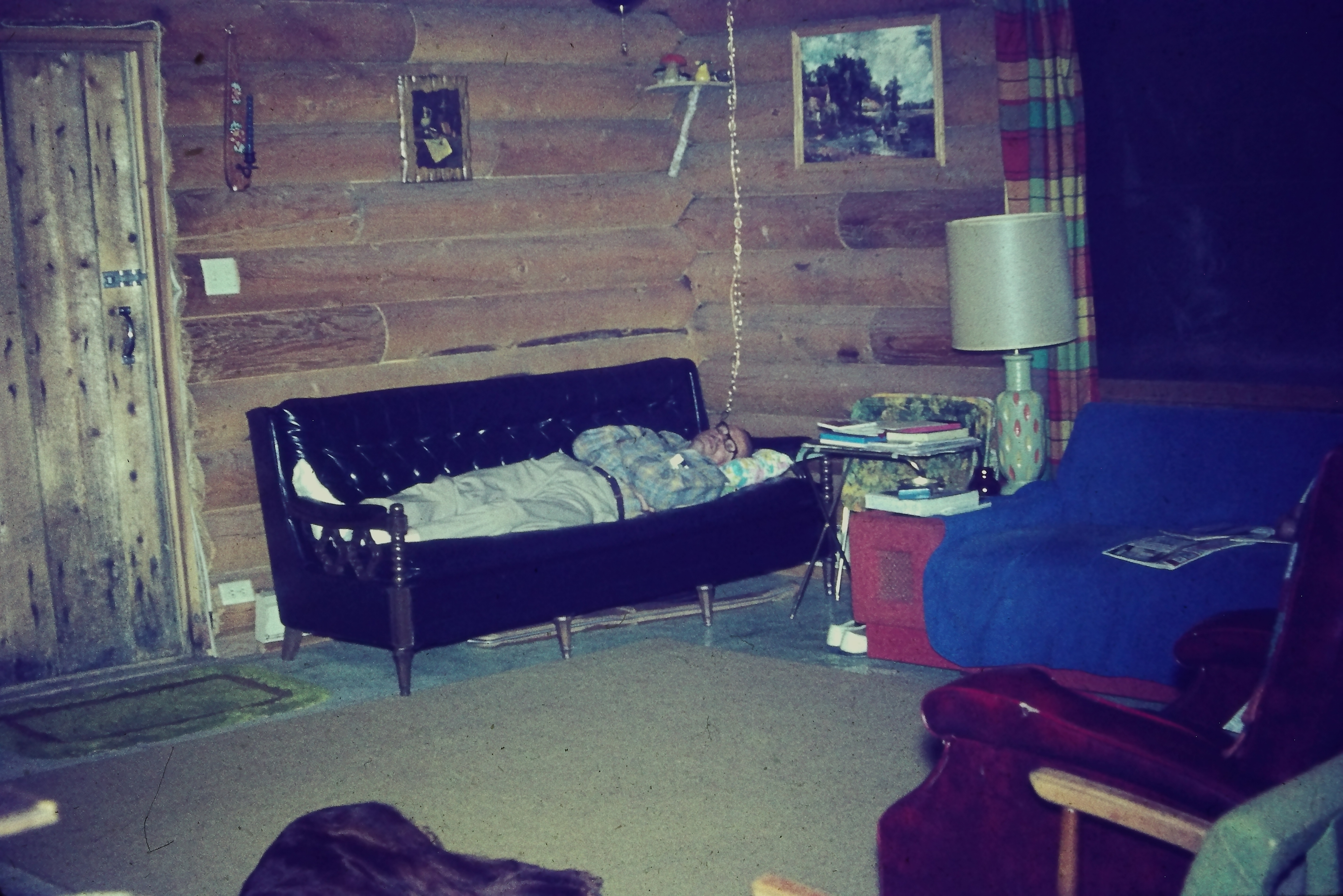 Person sleeping on a vintage couch in a cozy, rustic room with log walls and various furniture