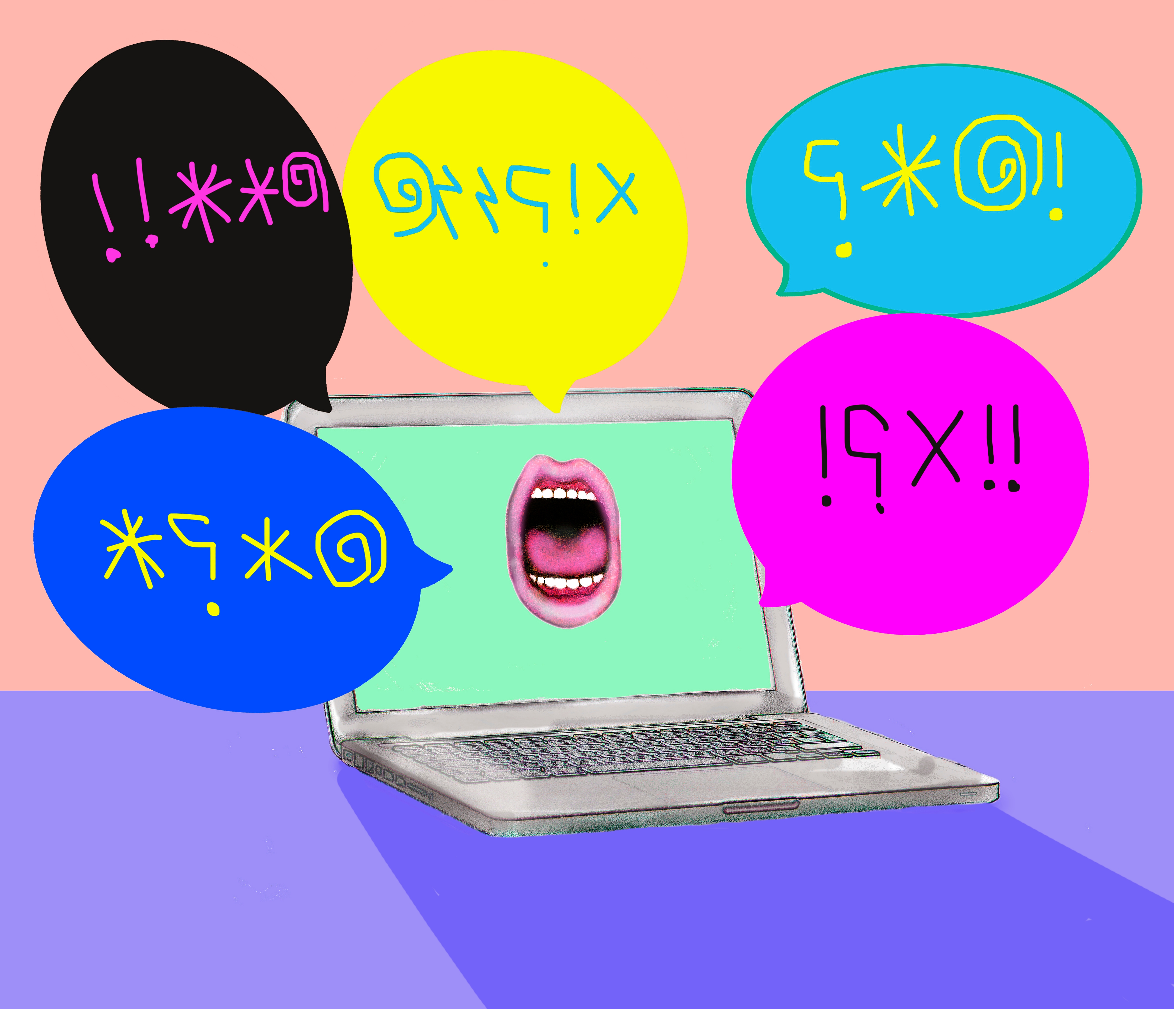 Laptop with open mouth on screen surrounded by colorful speech bubbles with symbols, suggesting online communication or expression
