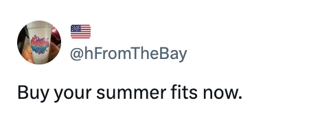 Social media post with text: "Buy your summer fits now." USA flag emoji included