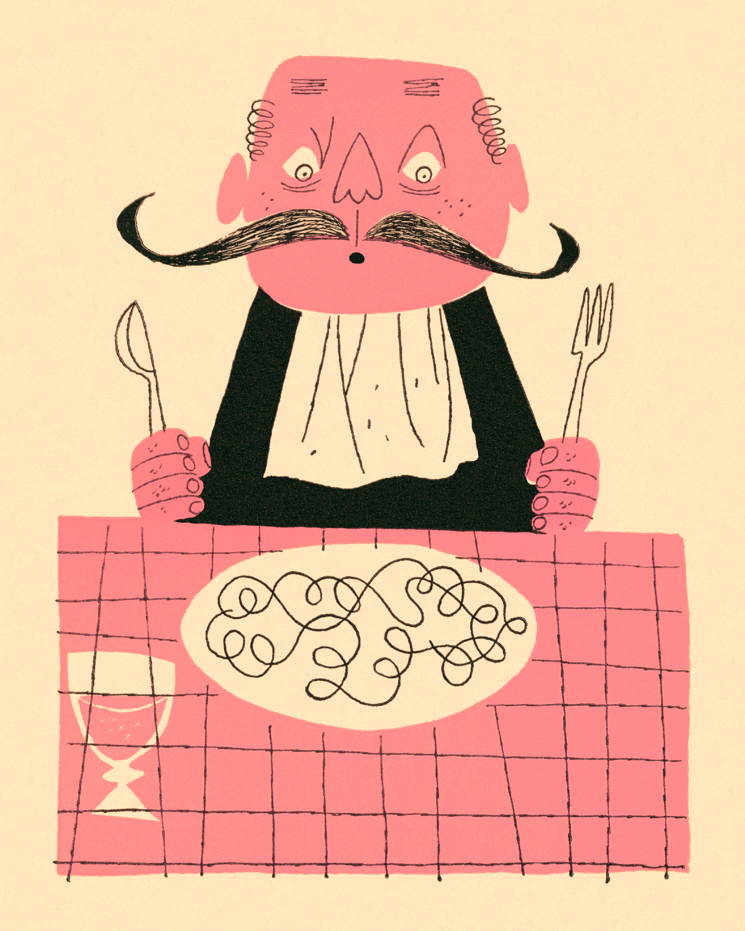 Illustration of a man with a large mustache, holding utensils, looking puzzled at a plate of tangled spaghetti on a checkered tablecloth