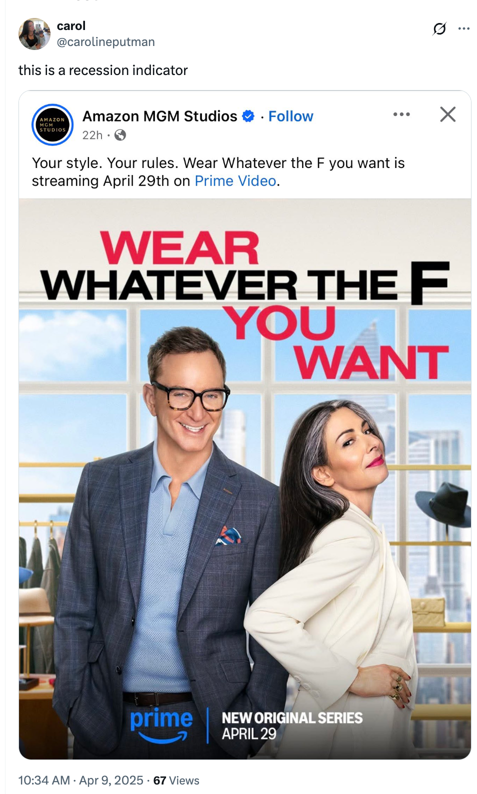A man in a suit and a woman in a chic white outfit stand confidently, promoting a new Amazon MGM series titled "Wear Whatever the F You Want."