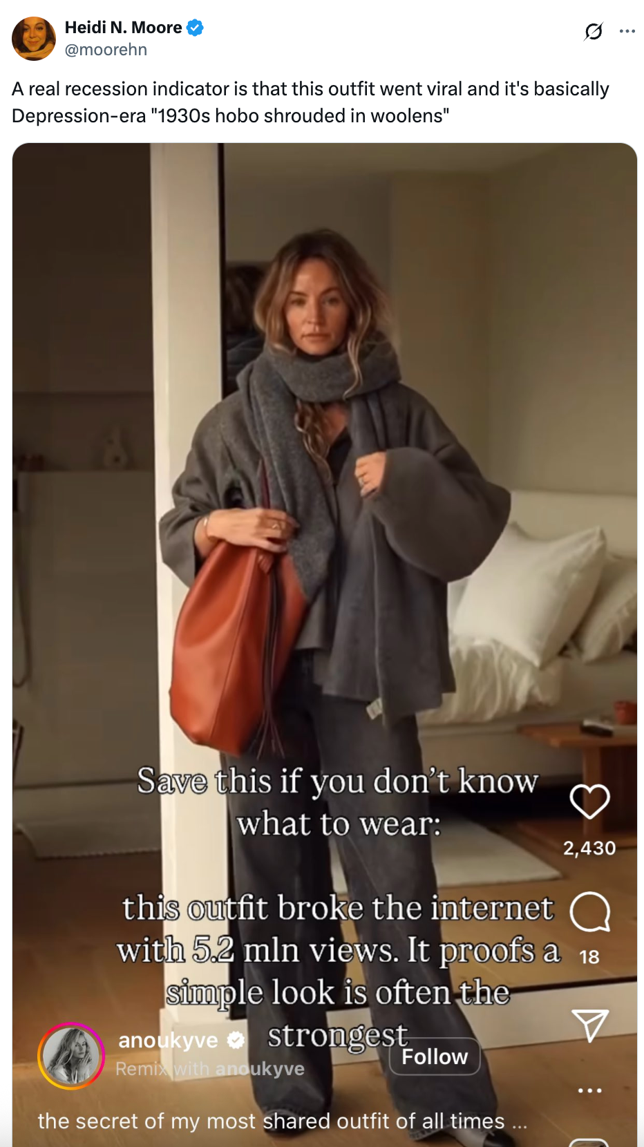 Woman in cozy scarf and wool coat holding a tote bag, in a relaxed pose. Text mentions the outfit's viral success with 5.2 million views