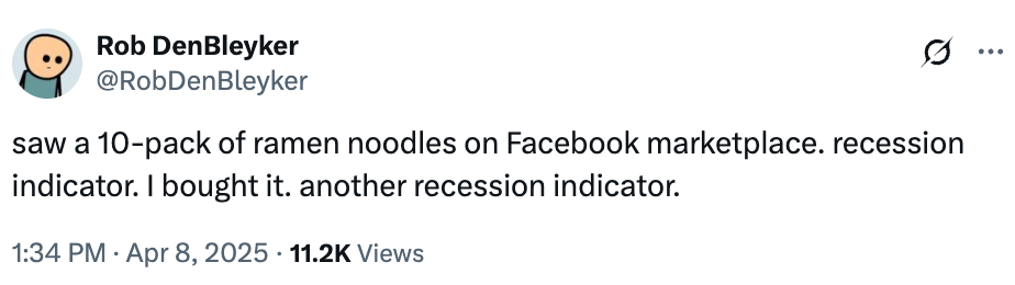 Tweet about buying a 10-pack of ramen noodles on Facebook Marketplace, humorously noting it as a recession indicator