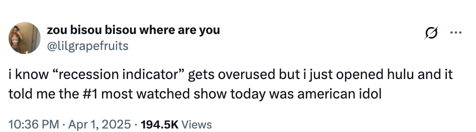 Tweet jokes about "recession indicator" as Hulu lists "American Idol" as its top show today