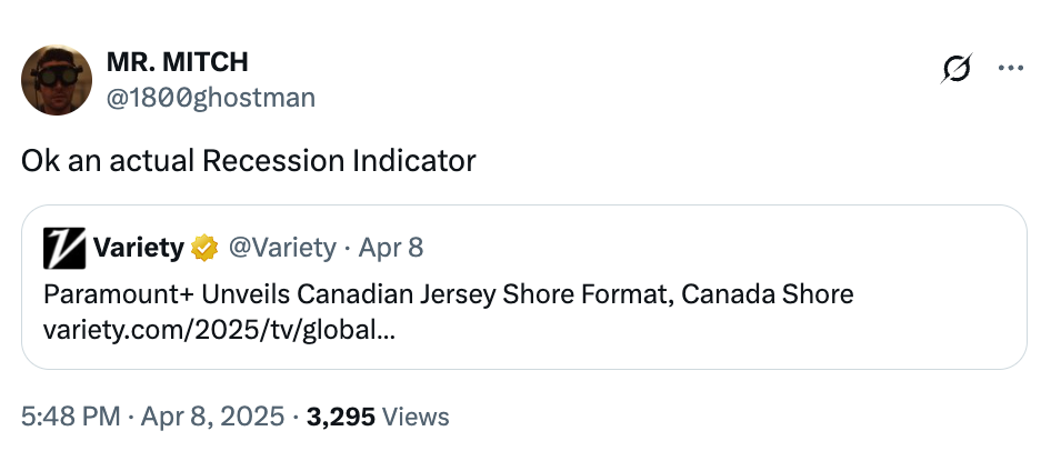 Tweet commenting on a Variety article about Paramount+ launching a Canadian Jersey Shore show, humorously noting it as a "recession indicator."