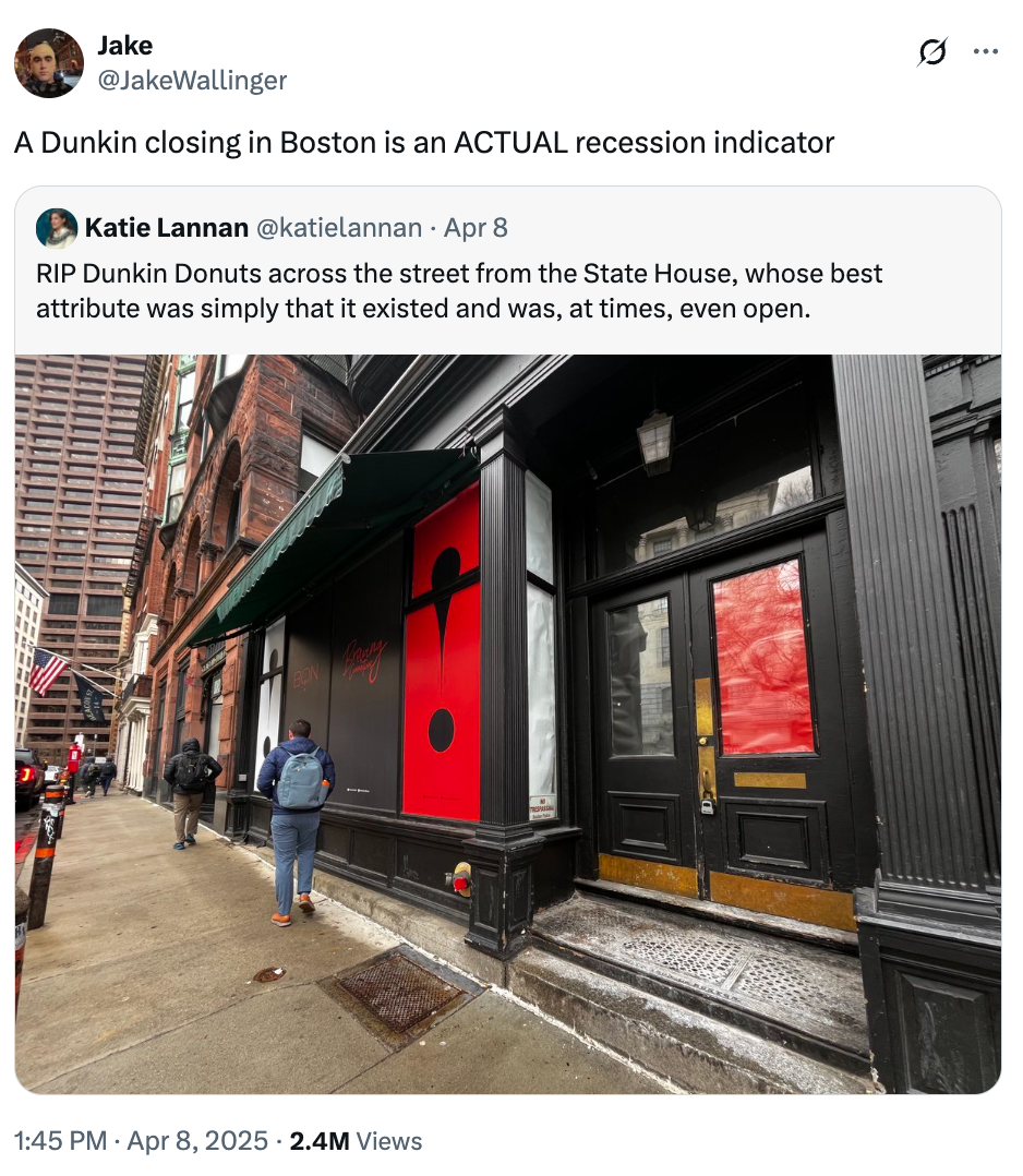 Tweet jokes about a Boston Dunkin' closing as a sign of recession, referencing its previously unreliable operation. Image shows closed shop