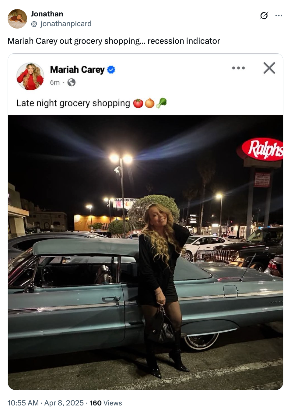 Mariah Carey in stylish black outfit stands beside a classic car in a grocery store parking lot at night