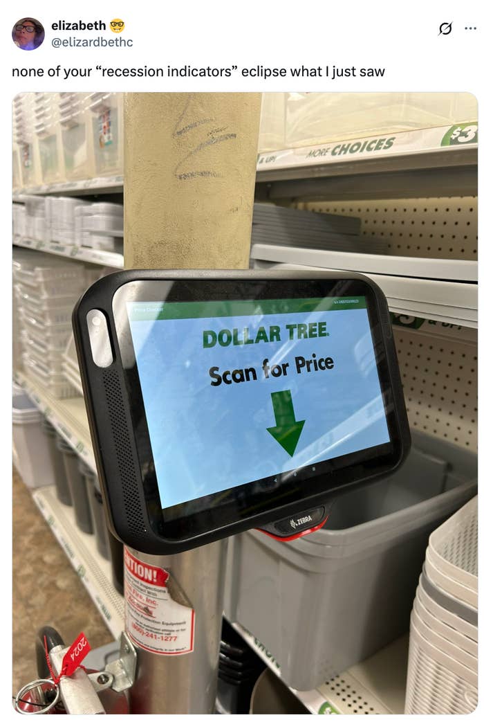 A Dollar Tree price scanner display reads "Scan for Price" with shelves of bins in the background