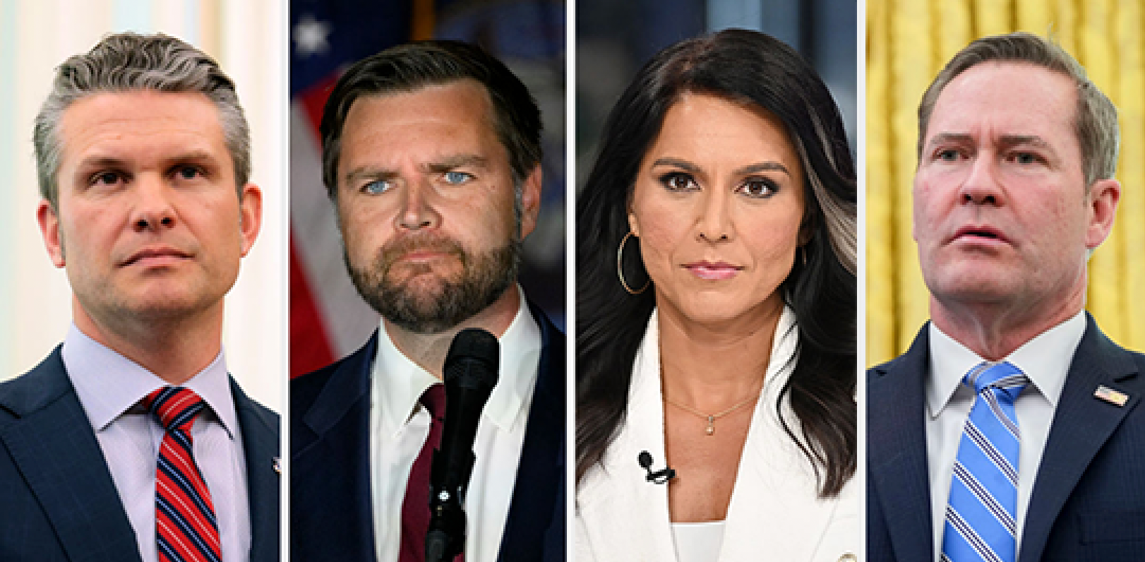 Four individuals in formal attire, including suits and a white blazer, appear on a split screen