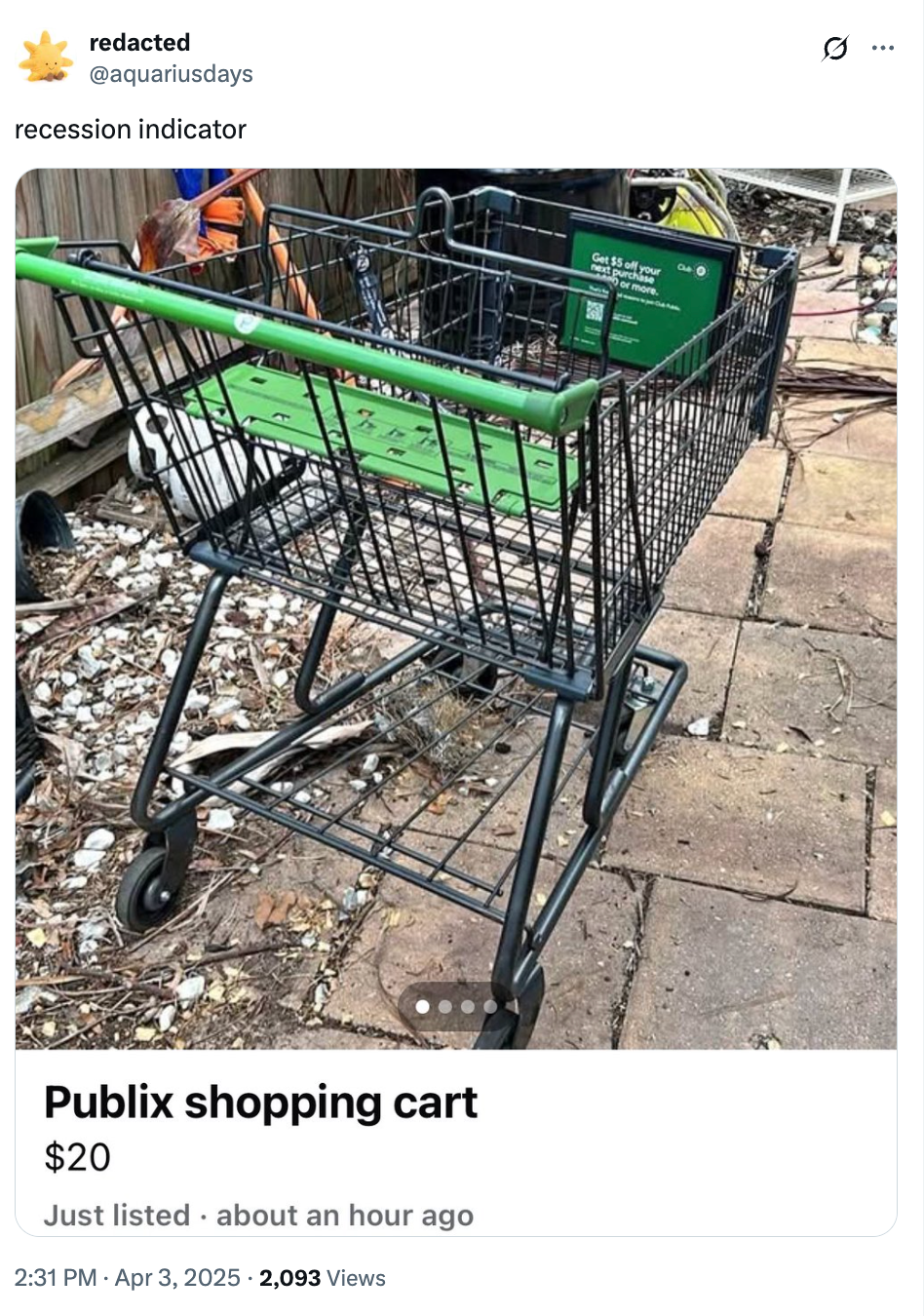 Tweet showing a shopping cart listed for $20, labeled as "recession indicator."