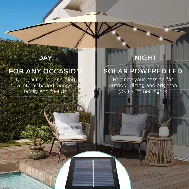 Patio umbrella with solar-powered LED lights shown in day and night settings, perfect for outdoor dining and lounging. Solar panel displayed below