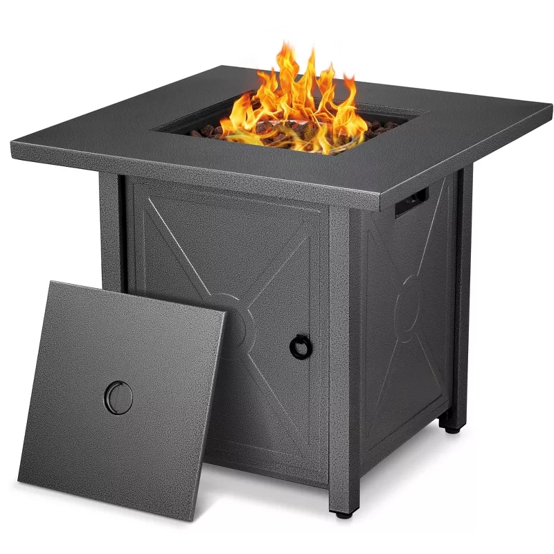 Square metal fire pit table with a cover, featuring a central flame. Suitable for outdoor gatherings