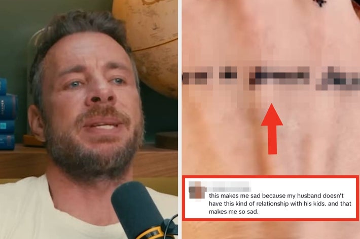 A man with a microphone is in a podcast setting. A close-up shows blurred text and a red arrow pointing to a social media comment