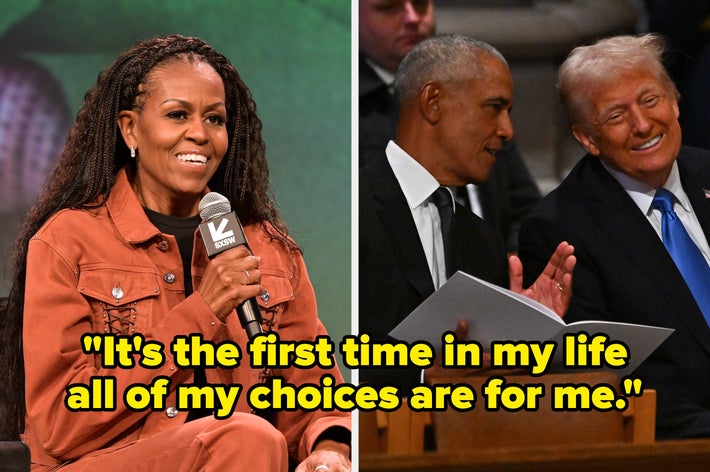 Two images: Left shows a woman speaking onstage in casual attire. Right shows two men in suits sitting and conversing with documents