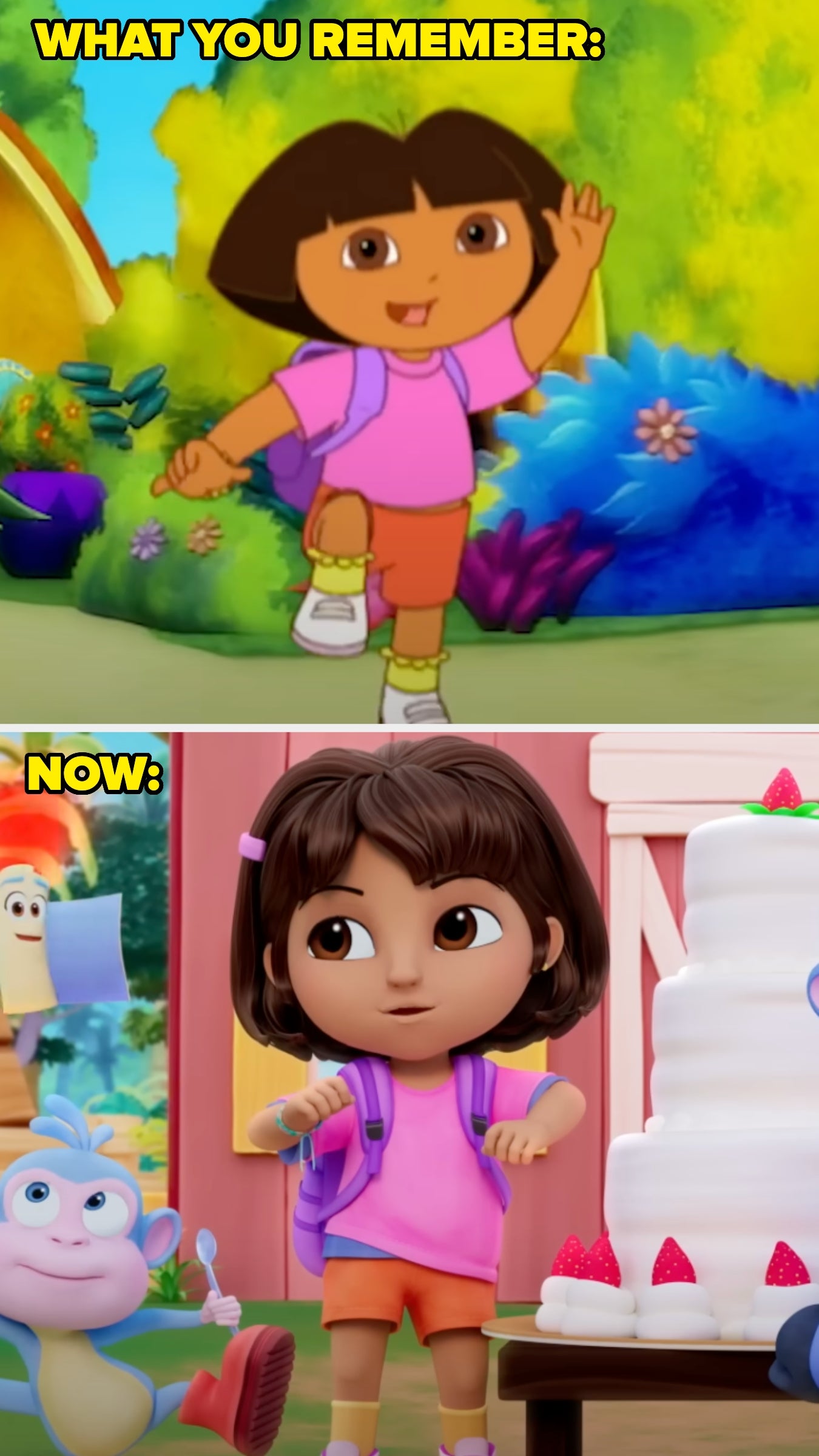  Updated animated girl with a backpack stands by a cake