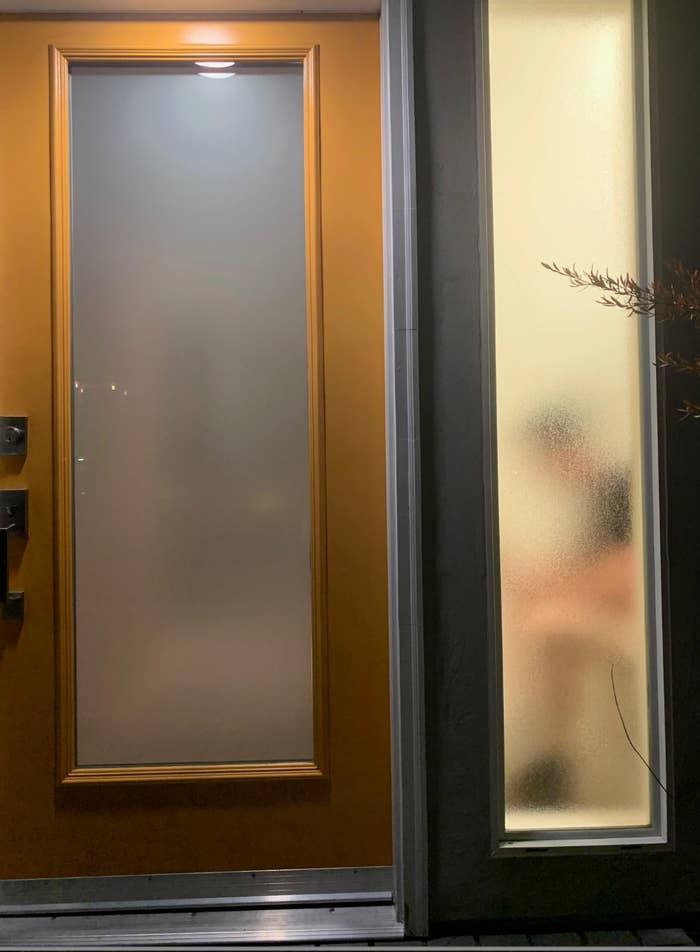 A frosted glass front door and side window, partially obscuring the view inside a home, with a faint silhouette visible behind the glass