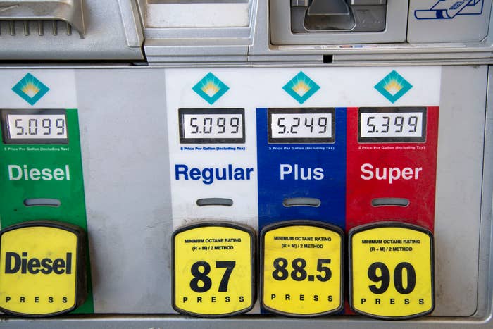 Gas station pump showing diesel at $5.099, regular at $5.099, plus at $5.249, and super at $5.399 per gallon