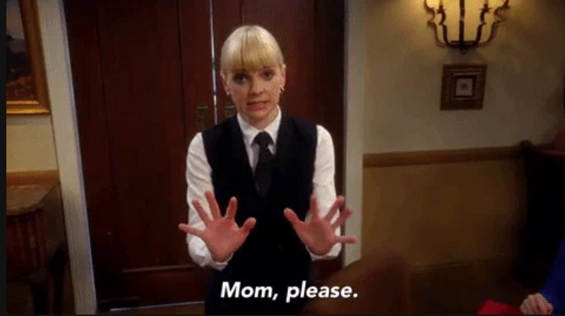 Person in a vest and tie with hands raised, saying, "Mom, please."