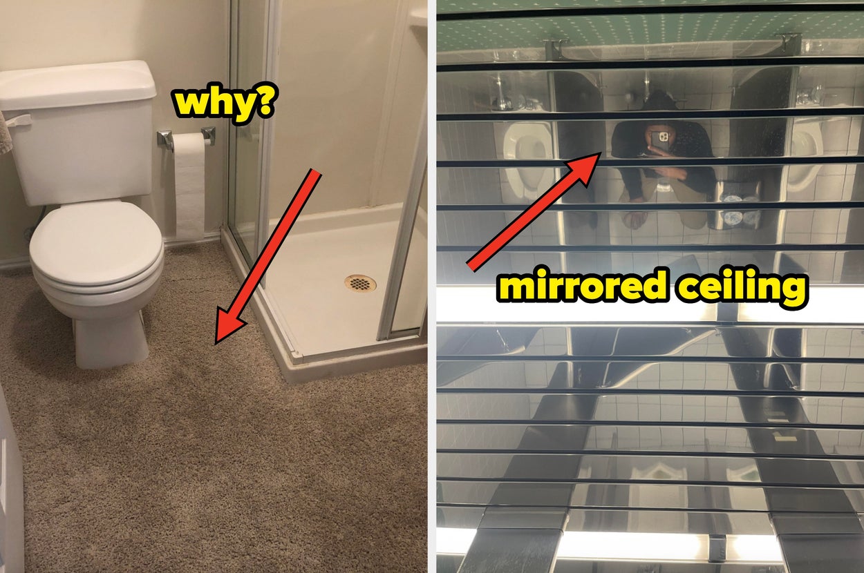 Left: Carpeted bathroom floor; Right: Mirrored ceiling reflecting a person in a bathroom