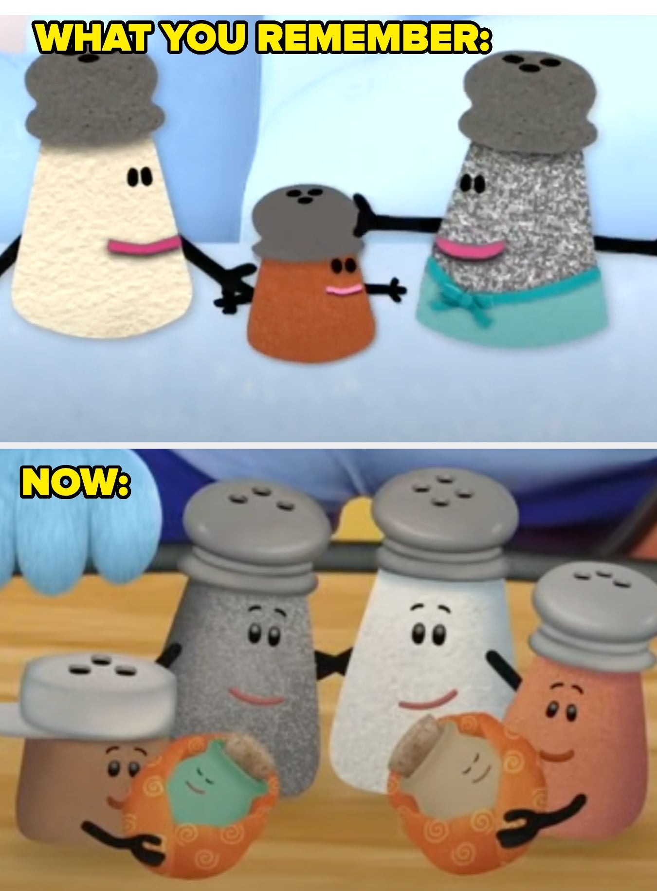  Family of animated salt and pepper shakers with two baby shakers