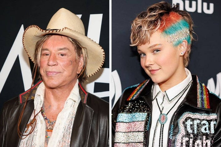 Two celebrities on a red carpet: one wearing a cowboy hat with layered jewelry, the other with a colorful hairstyle and a studded jacket