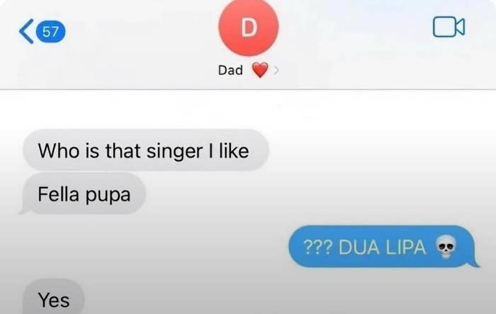 Text message exchange where a dad confuses the name "Dua Lipa" with "Fella Pupa."
