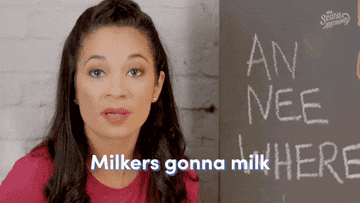 A person gestures with text "Milkers gonna milk" and "Sponsored by Scary Mommy" on screen