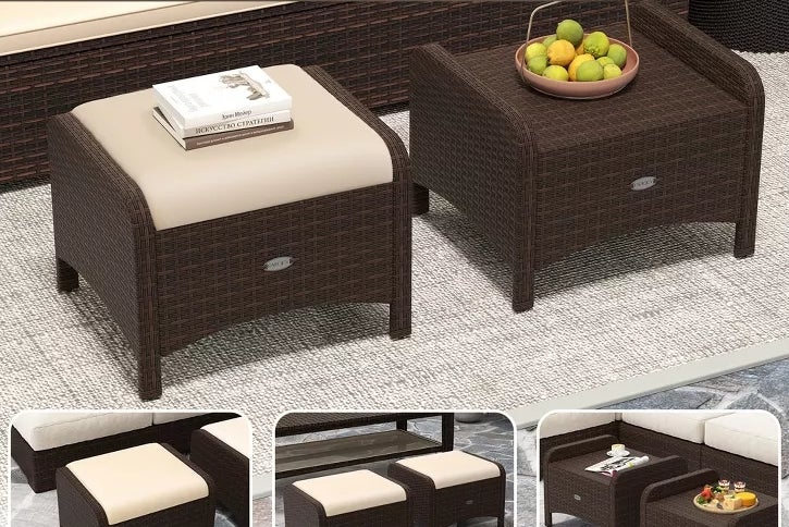 Rattan ottomans with cushions serve as footrests, extra seats, or coffee tables. Versatile furniture design for indoor or outdoor use