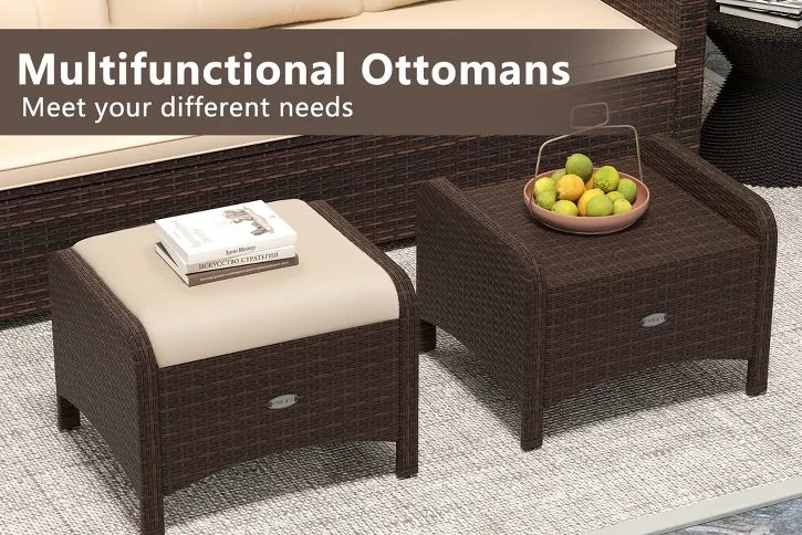 Rattan ottomans with cushions serve as footrests, extra seats, or coffee tables. Versatile furniture design for indoor or outdoor use