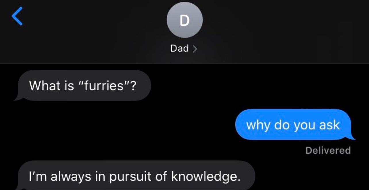 Text conversation where a dad asks what furries are, and the response says, "Why do you ask." The dad replies "I'm always in pursuit of knowledge"