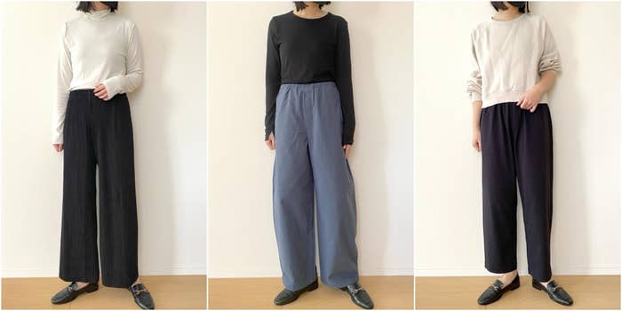 3人のモデルが異なるスタイルのゆったりしたパンツと長袖トップスを着用し、カジュアルなファッションを紹介しています。