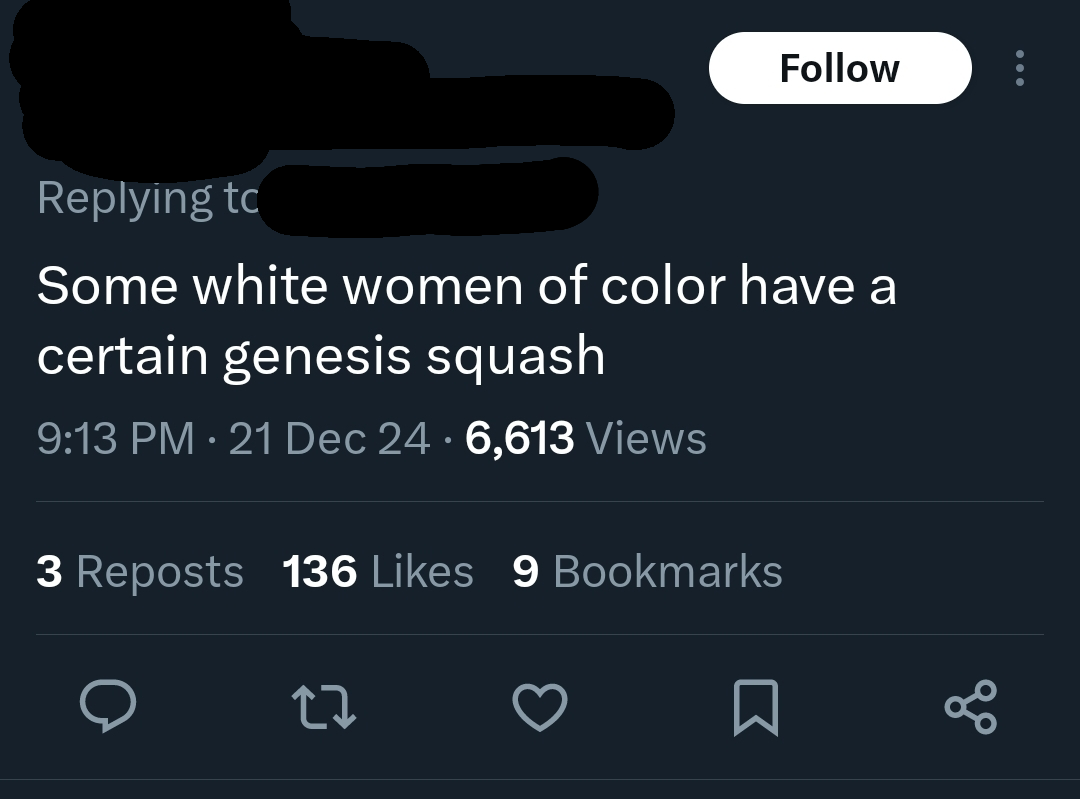 Tweet reads: "Some white women of color have a certain genesis squash."