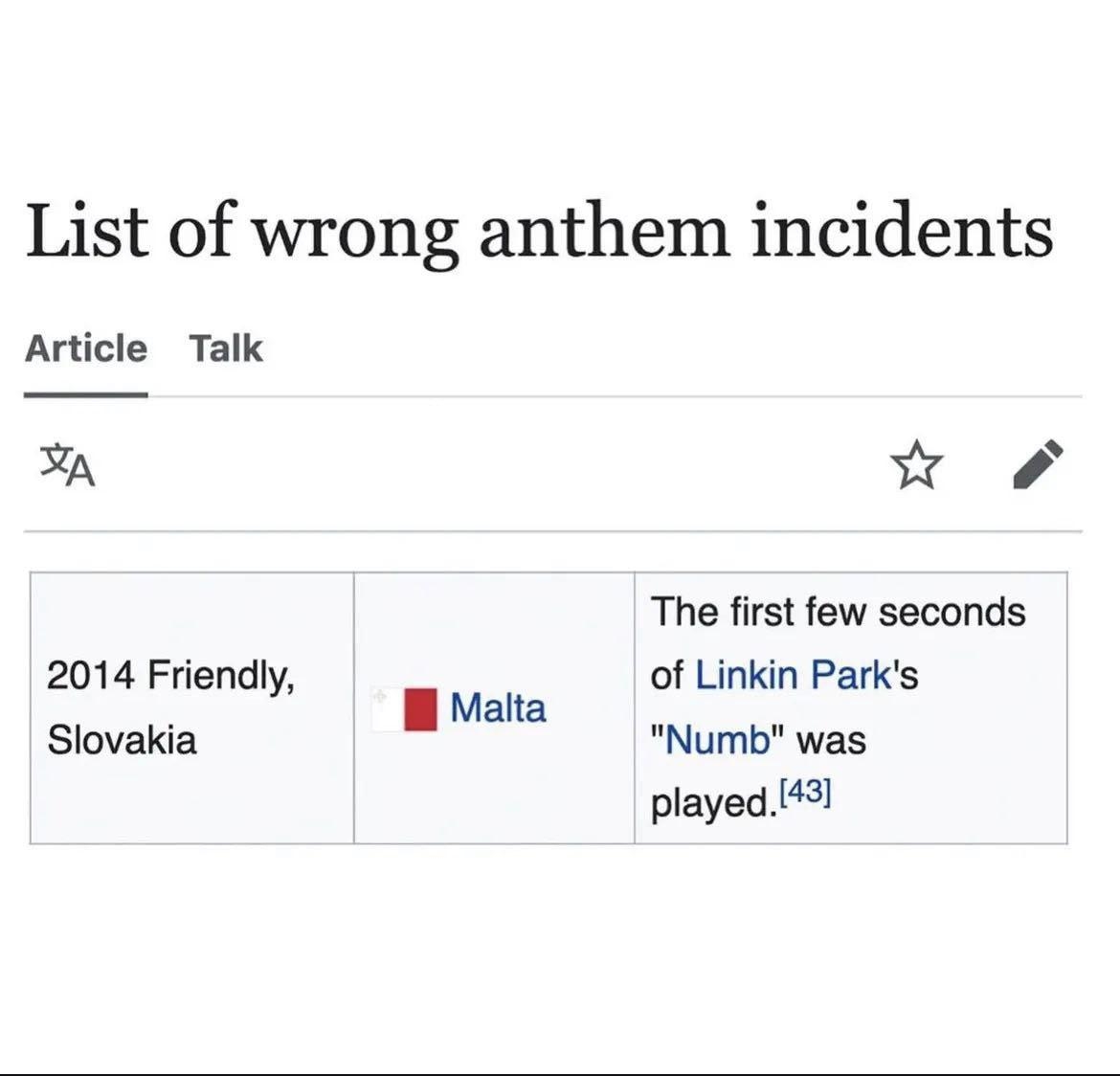 Table entry from a Wikipedia post about wrong anthem incidents: 2014, Slovakia vs. Malta; the first few seconds of Linkin Park's "Numb" was played