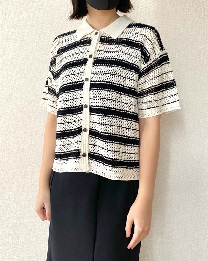GU「透かし編みボーダーニットシャツ(半袖)」