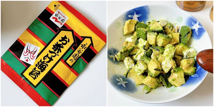 左側にお茶漬けのパッケージ、右側に皿に盛られたアボカドと豆腐の料理。